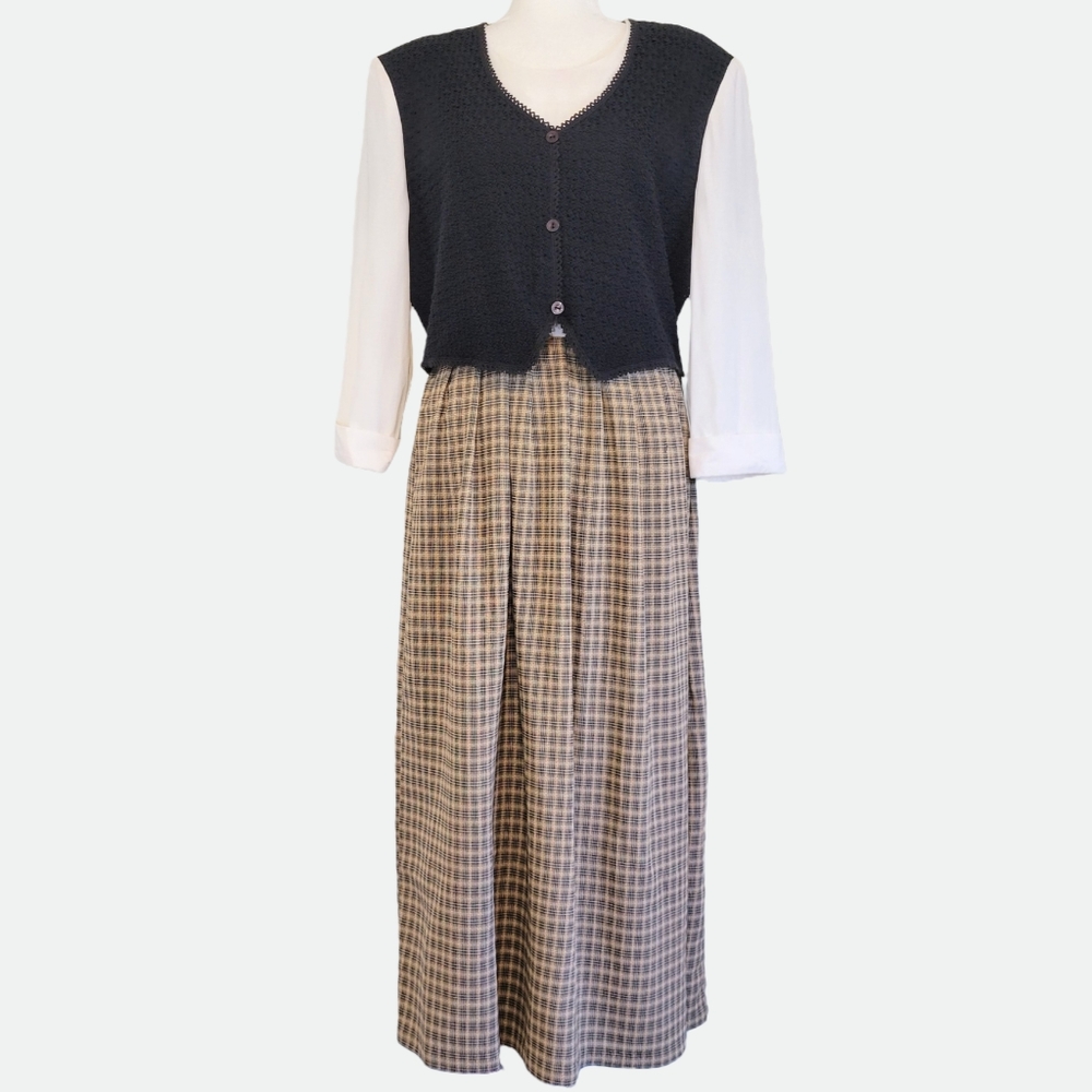 VTG Allison Ché Layered-Look Pleated Plaid Tie-Back Maxi Dress